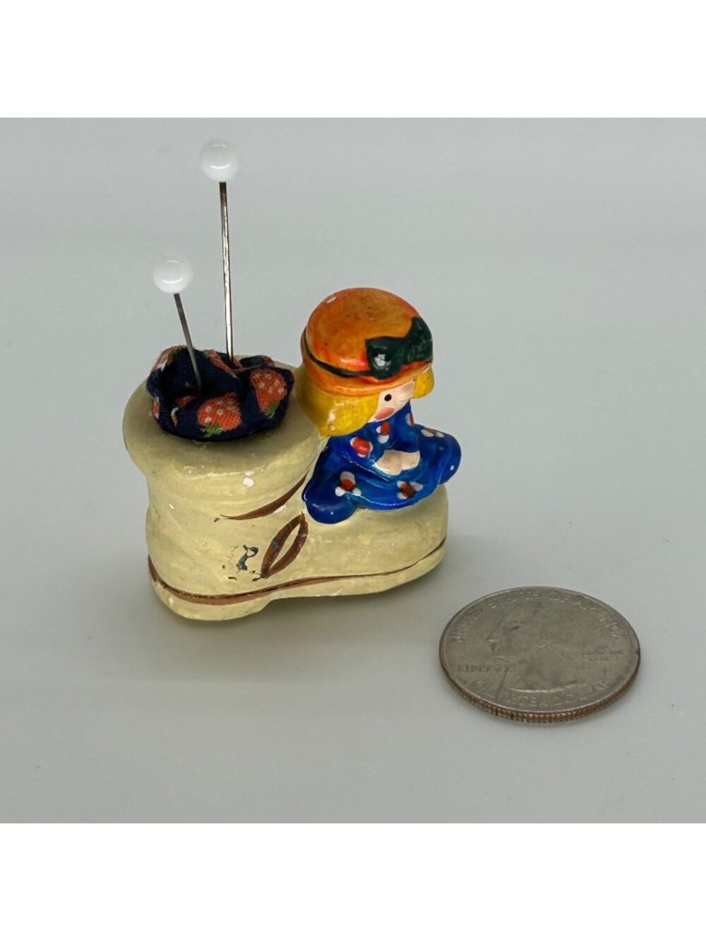 Vintage Pin Cushion Ceramic Tiny Boot with Doll Miniature 1950s Japan Sewing Kit